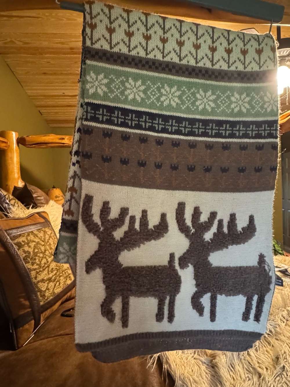 Cozy Reindeer Knit Throw Scarf- Brown & Cream